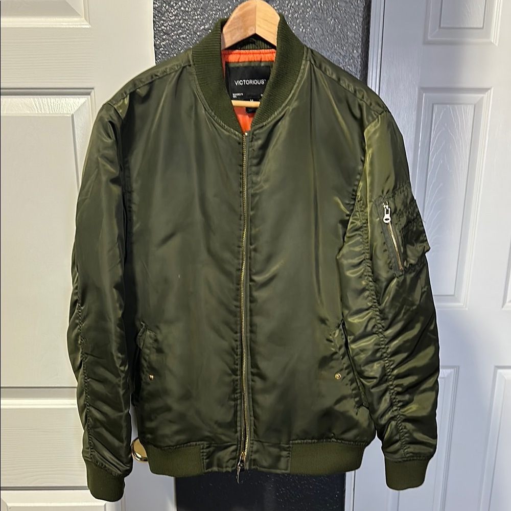 Olive Green Bomber Jacket Ribbed Collar Zipper Closure